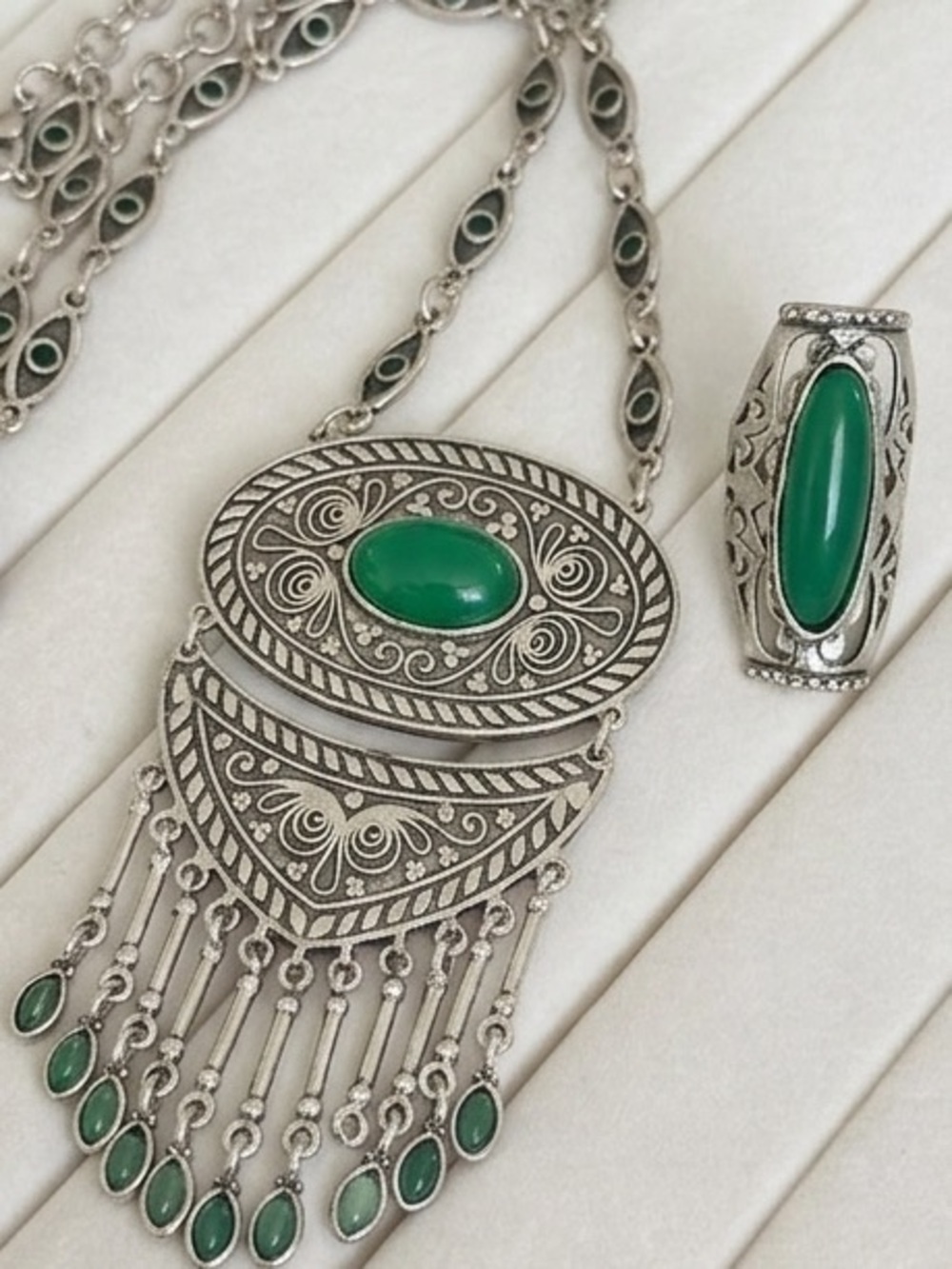 Silver Traditional Bohemian Necklace and Ring Set